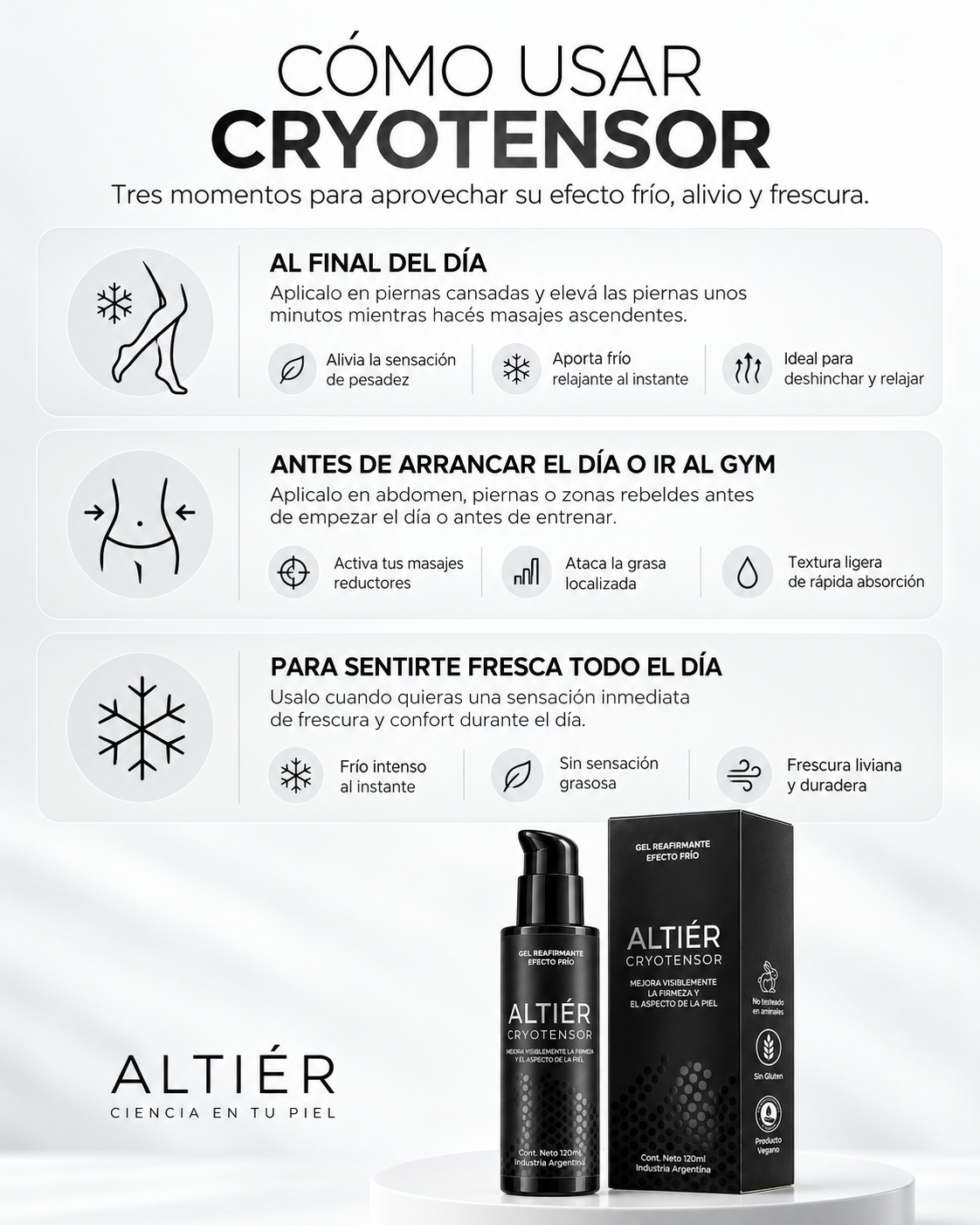 CRYOTENSOR – Gel corporal Reductor · Frío Intenso + Alivio inmediato.